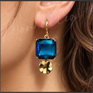NEW ICE CUBE DEEP CERULEAN BLUE 925 GOLD MEDALLION CHUNKY EARRINGS